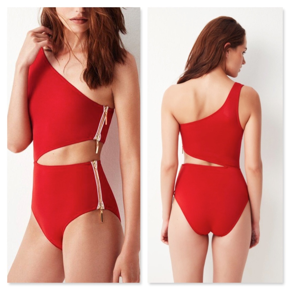 One Shoulder Zip One Piece Monokini Swimsuit - Picture 5 of 11